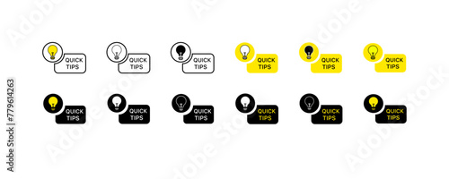 Quick tips icons. Different styles, yellow, quick tips signs, light bulb. Vector icons