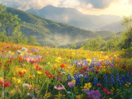 A field of flowers with a mountain in the background © MaxK