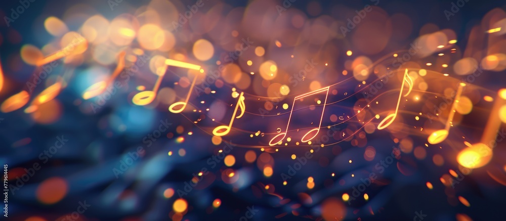 Music notes symbols on glowing blurred lights bokeh background. Concert, karaoke or performance concept banner - obrazy, fototapety, plakaty 