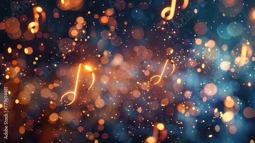 Music notes symbols on glowing blurred lights bokeh background. Concert, karaoke or performance concept banner photo