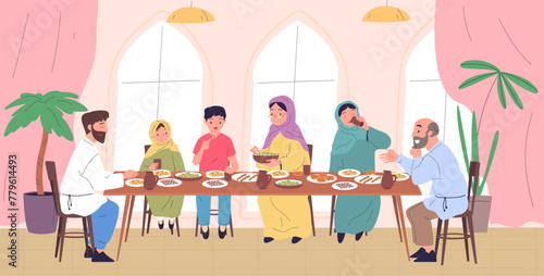 Arabic family dinner. Arab muslim people dining table eating food, islam iftar home gathering eid mubarak suhoor happy moslem ramadan celebration, saudi classy vector illustration