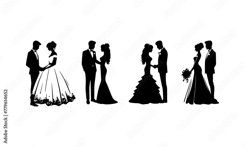 bride and groom silhouettes set black and white ,bride and groom silhouettes set design