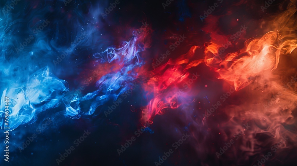 An abstract depiction of nebula smoke fire in red and blue light isolated on a black background, embodying the concept of versus, competition, and fight