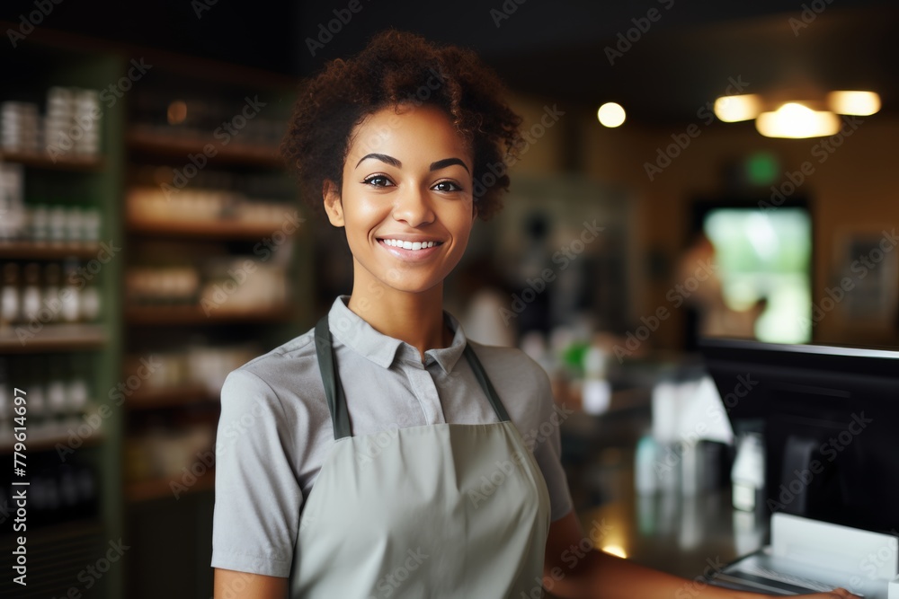 A smiling cashier speaks politely
