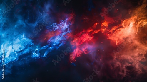 An abstract depiction of nebula smoke fire in red and blue light isolated on a black background, embodying the concept of versus, competition, and fight © Orxan