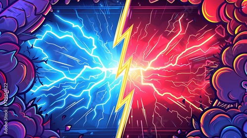 Comics-inspired versus frame with a lightning ray border, a comic fighting duel and confrontation logo for VS battle challenges and sports team matches in an isolated cartoon vector background photo