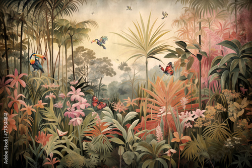 wallpaper jungle and leaves tropical forest river wall mural toucan and birds butterflies old drawing vintage background