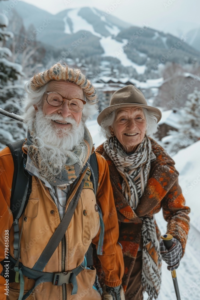 Fototapeta premium Smiling old man and old woman climbing a mountain in winter, selective focus