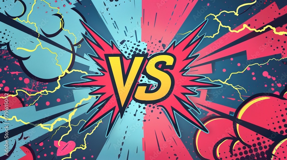 Versus VS letters set against flat comics style fight backgrounds, designed with halftone and lightning effects in vector illustration, perfect for dynamic confrontations