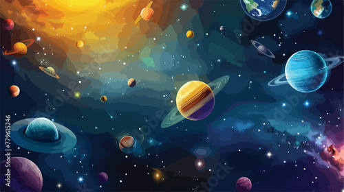 Illustration. Deep vast space. Bright stars planets a