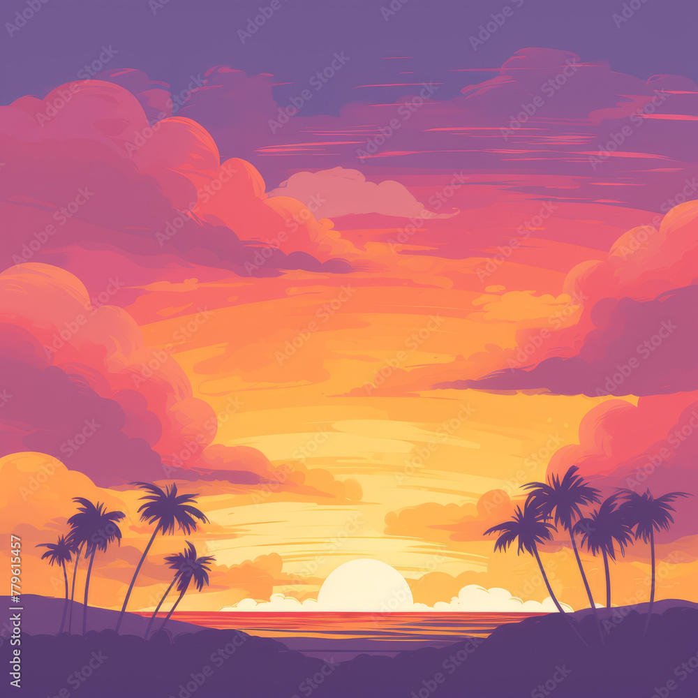 Vector minimalist tropical sunset skyline at the beach vector art