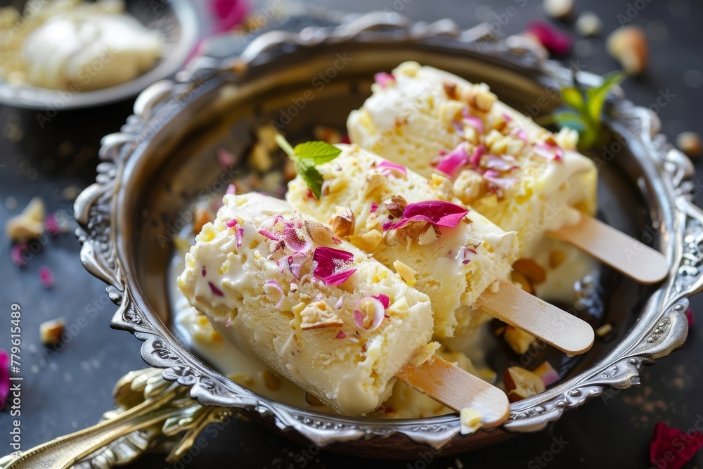 Genuine homemade Indian Kulfi ice cream with condensed milk and nuts ...