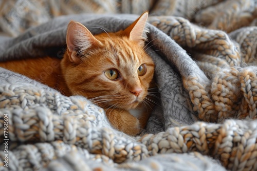 Ginger cat sleeps comfortably under a cozy blanket in a cute home setting