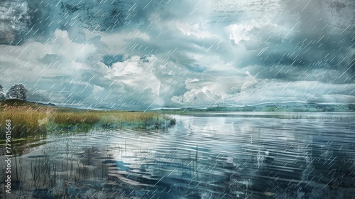 The rain falling on the lake is a natural beauty. Watercolor painting. Use for wallpaper, postcards, brochures or posters.