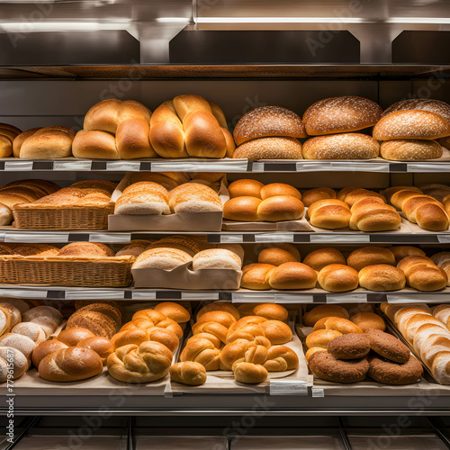 There are various fresh breads on the shelves in the bakery.