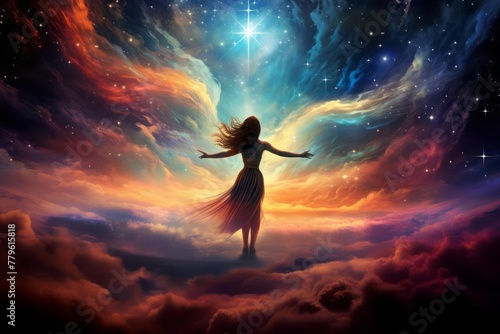 A girl against the backdrop of the vast expanses of space  where stardust dances in the dance of gravity  creating multi-colored clouds and unusual shapes.