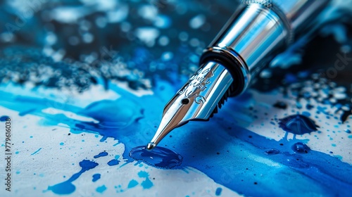 an expensive silver pen, messing up the scene with blue ink. Studio photo photo