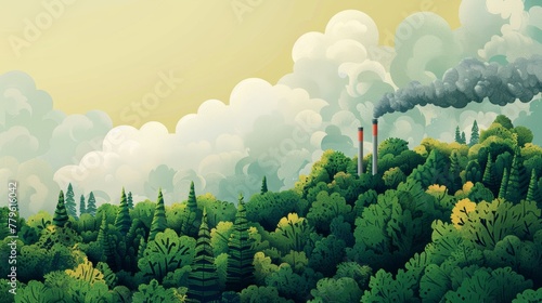 Industrial pollution over green landscape photo