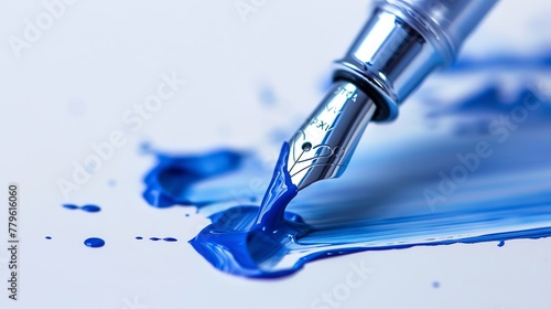 an expensive silver pen, messing up the scene with blue ink. Studio photo photo