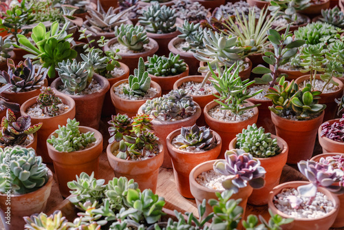 A vibrant collection of succulents in earthen pots, arrayed neatly on a wooden surface, illuminated by soft daylight. © wifesun