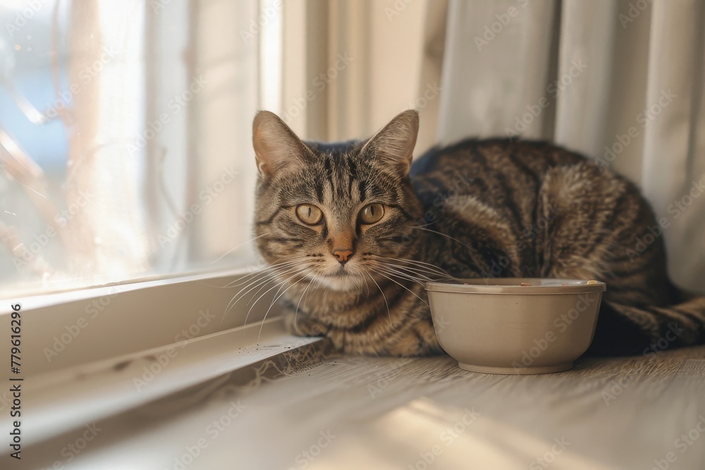 Gorgeous tabby cat eating by window with food bowl