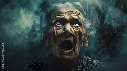 Haunting Portrait of a Terrified Elderly Woman Surrounded by an Ominous Dramatic Background