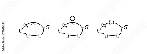 Piggy bank icons. Outline, set of piggy banks and coins. Vector icons