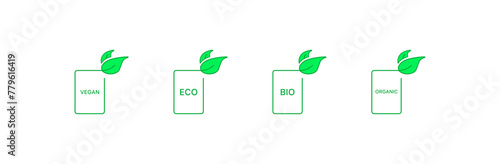 Vegan, Eco, Bio, Organic rectangular signs. Flat, green, leaf icons, vegan, eco, bio, organic green signs. Vector icons