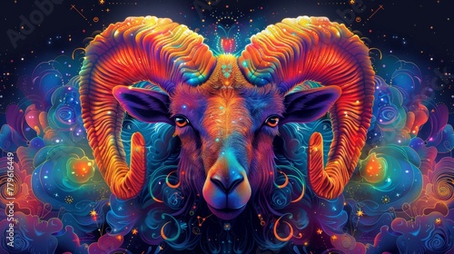 Digital artwork of a vividly colored ram with a cosmic, starry background