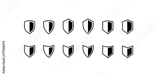 Shield icons set. Outline, white and black set of shields for protection design, shield icons collection. Vector icons