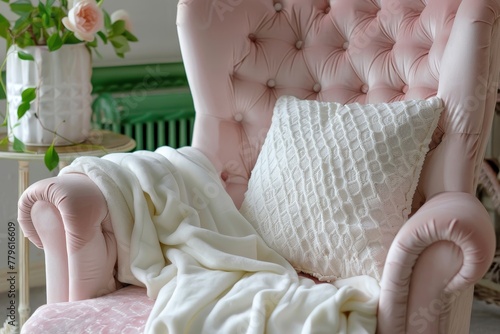 Green mattress with pink armchair and white pillow in cozy bedroom