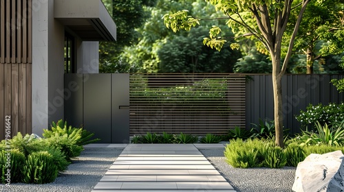 Create an image showing a FENCE of a private modern home. photo