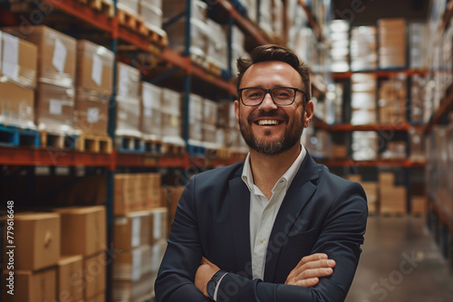 A businessman or chief of staff dressed in a suit with his arms crossed and a smile in the middle of a logistics warehouse with shelves and merchandise. Logistics and wholesale storage sector.