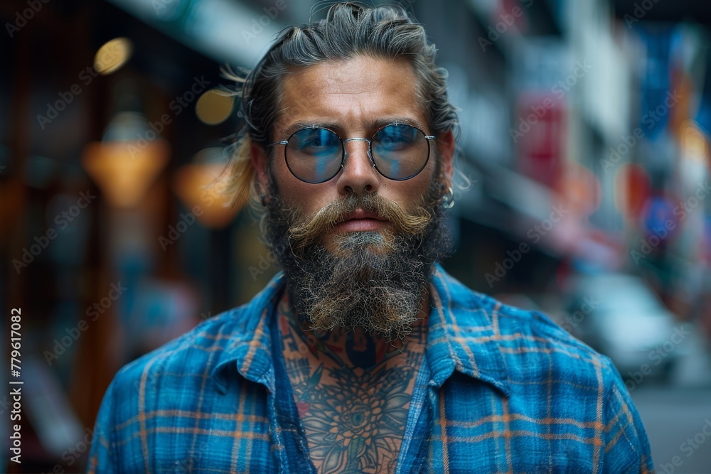 A close-up portrait of a stylish bearded man with tattoos and blue mirrored sunglasses in an urban backdrop A close-up portrait of a stylish bearded man with tattoos and blue mirrored sunglasses in an urban backdrop