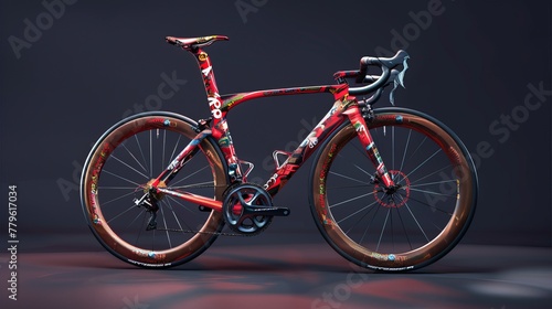futuristic road bicycle, red covered in decals, subtle gradient background