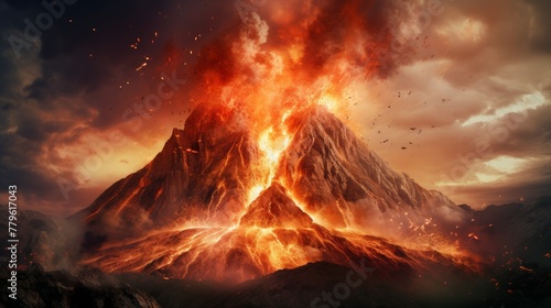 photograph of Volcano erupts spewing lava It represents the violent power of nature. 