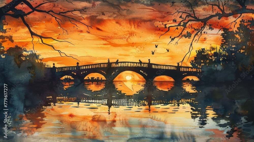 Watercolor painting of a bridge over a river in the evening. Use for wallpaper, posters, postcards, brochures.