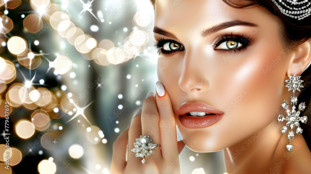 A glamorous woman with stunning makeup and sparkling jewelry against a backdrop of festive bokeh lights.
