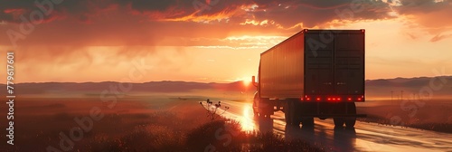 Cargo Truck driving on the asphalt road in rural landscape at sunset