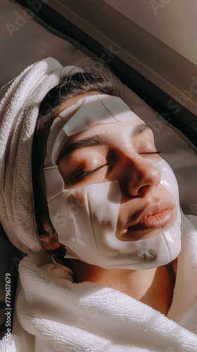 sheet mask application, the models eyes closed, holding the mask with manicured hands