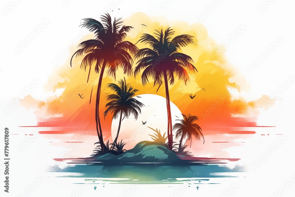 Illustration of Tranquil Tropical Island with Palm Trees at Suns