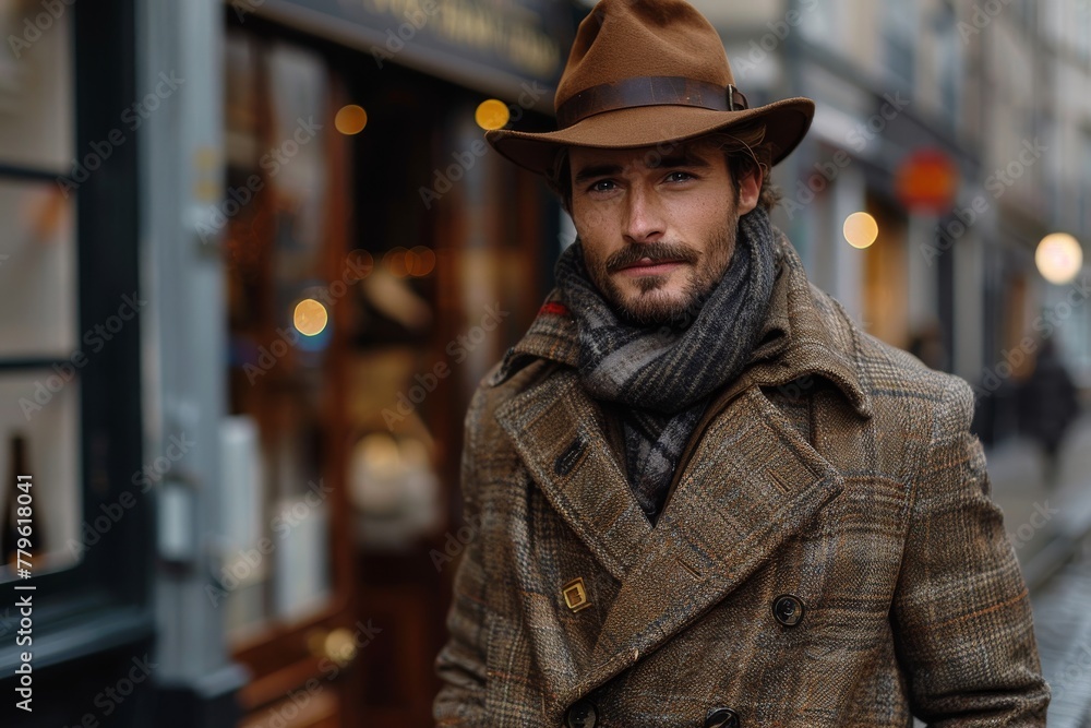 Portrait of a trendy man with a beard wearing a brown fedora and winter coat
