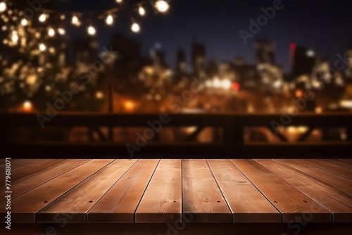 Wooden table for placing products with a beautiful night city background