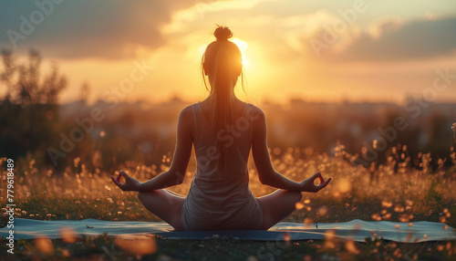 Modern international yoga day, Banner with meditative woman sitting in lotus pose in the sunny rays, landscape horizon with clouds