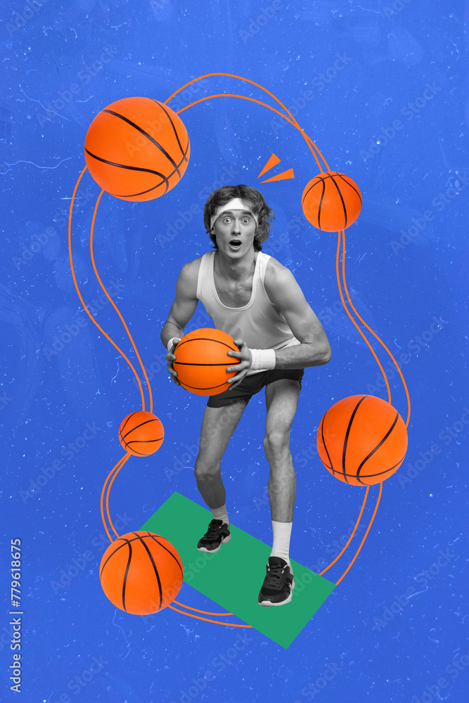 3d retro abstract creative artwork template collage of funny man play basketball have fun sportive lifestyle weird freak bizarre unusual