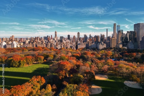 Autumn Fall. Autumnal Central Park view from drone. Aerial of NY City Manhattan Central Park panorama in Autumn. Autumn in Central Park. Autumn NYC. Central Park Fall Colors of foliage.