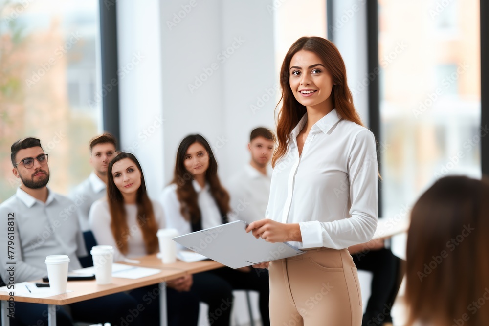 Young GenZ woman gives a presentation in front of her boss and co-workers. She feels confident and proud of her work. Young GenZ woman gives a presentation in front of her boss and co-workers. She feels confident and proud of her work.