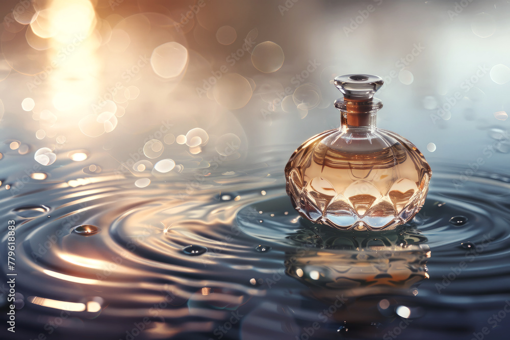 A beautiful bottle of perfume on a beautiful background with water and waves with space for text or inscriptions. Perfume bottle banner or background
A beautiful bottle of perfume on a beautiful background with water and waves with space for text or inscriptions. Perfume bottle banner or background