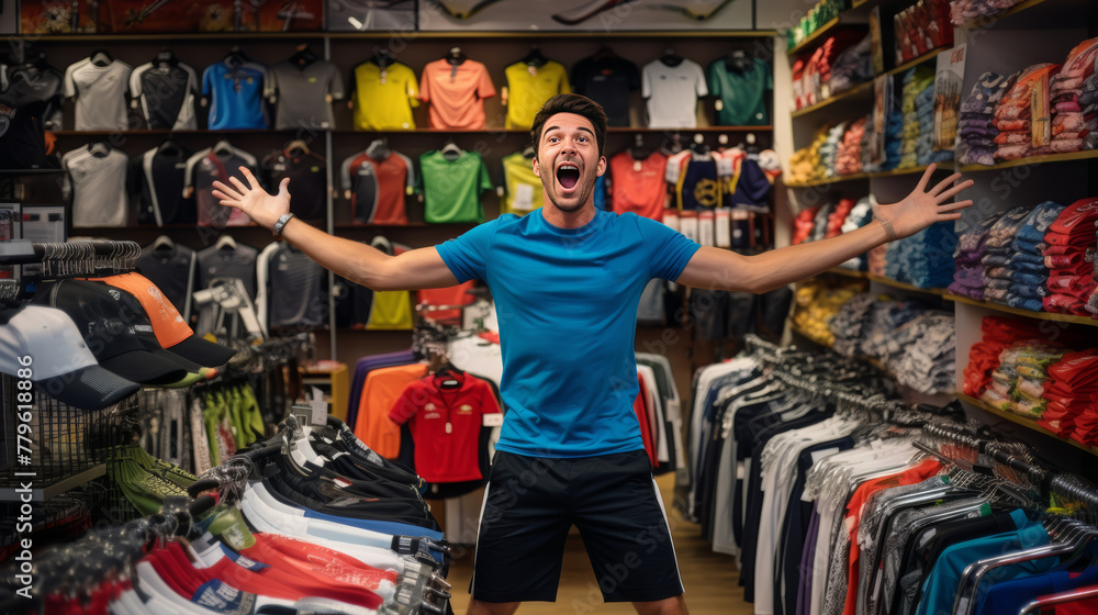 Young man making funny gestures with products in sports shops Lively atmosphere Entertainment products