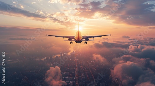 Airplane Approaching City at Sunset photo